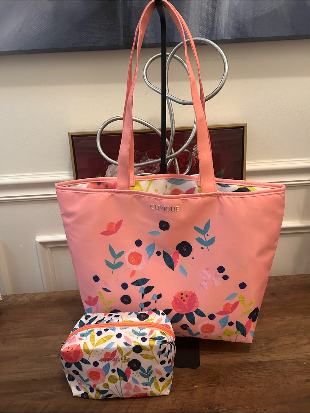 Clinique Coral Pink Floral Tote with Matching Cosmetic Pouch